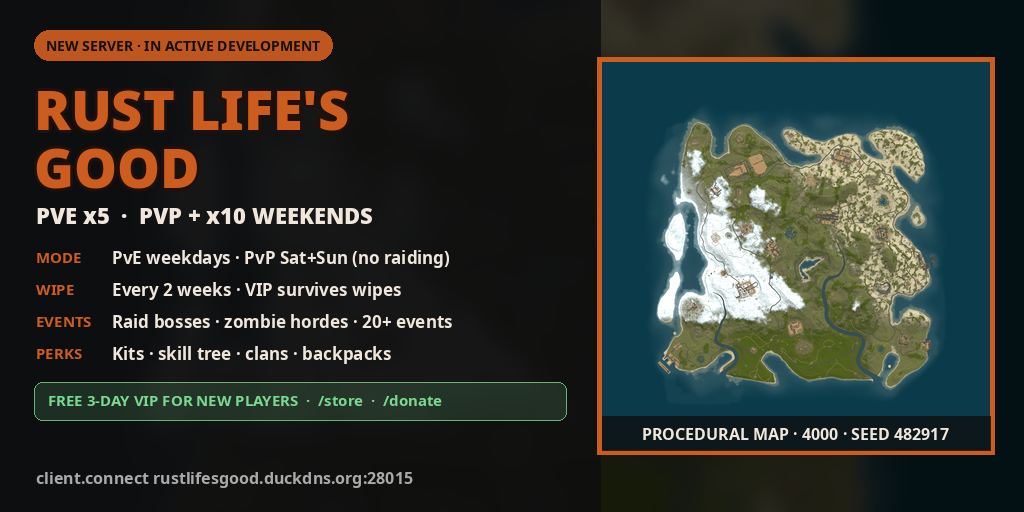 Rust Life's Good PVE x5 | Weekend x10+PvP | Kits | Wiped 06.10